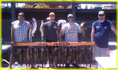 Group of happy anglers with a full limit of Lake Erie Walleye on Small Program Charters